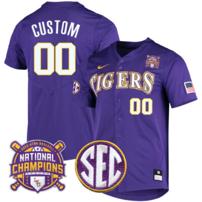 Custom LSU Tigers Baseball 2023 National Champions Purple Game Jersey - All Stitched