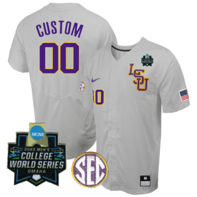 Custom LSU Tigers Baseball 2023 College World Series Champions Grey Game Jersey - All Stitched