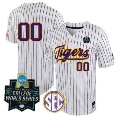 Custom LSU Tigers Baseball 2023 College World Series Champions White Pinstripe Game Jersey - All Stitched