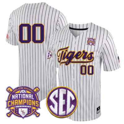 Custom LSU Tigers Baseball 2023 National Champions White Pinstripe Game Jersey - All Stitched