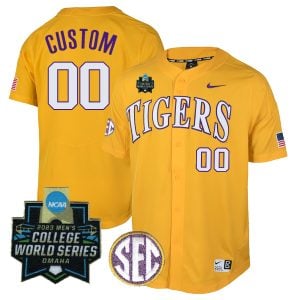 Custom LSU Tigers Baseball 2023 College World Series Champions Gold Pinstripe Game Jersey - All Stitched