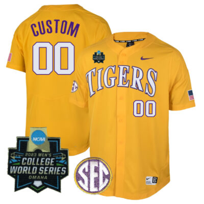 Custom LSU Tigers Baseball 2023 College World Series Champions Gold Pinstripe Game Jersey - All Stitched