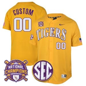 Custom LSU Tigers Baseball 2023 National Champions Gold Pinstripe Game Jersey - All Stitched