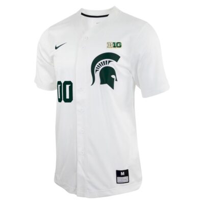 Alternative view of Custom Michigan State Spartans Baseball White Game Jersey w/ B1G Patch - All Stitched