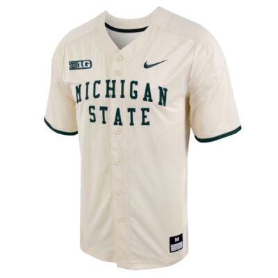 Alternative view of Custom Michigan State Spartans Baseball Natural Game Jersey w/ B1G Patch - All Stitched