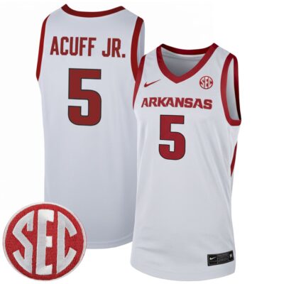 Darius Acuff Jr. Arkansas Razorbacks Basketball White Game Jersey w/ SEC Patch - All Stitched