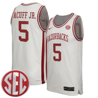 Darius Acuff Jr. Arkansas Razorbacks Basketball White Throwback Jersey w/ SEC Patch - All Stitched