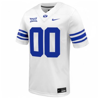Alternative view of Custom BYU Cougars Football White Away Game Jersey w/ XII Patch - All Stitched