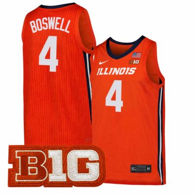 Kylan Boswell Illinois Fighting Illini Basketball Orange Home Jersey w/ B1G Patch - All Stitched