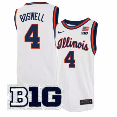 Kylan Boswell Illinois Fighting Illini Basketball White Throwback Jersey w/ B1G Patch - All Stitched