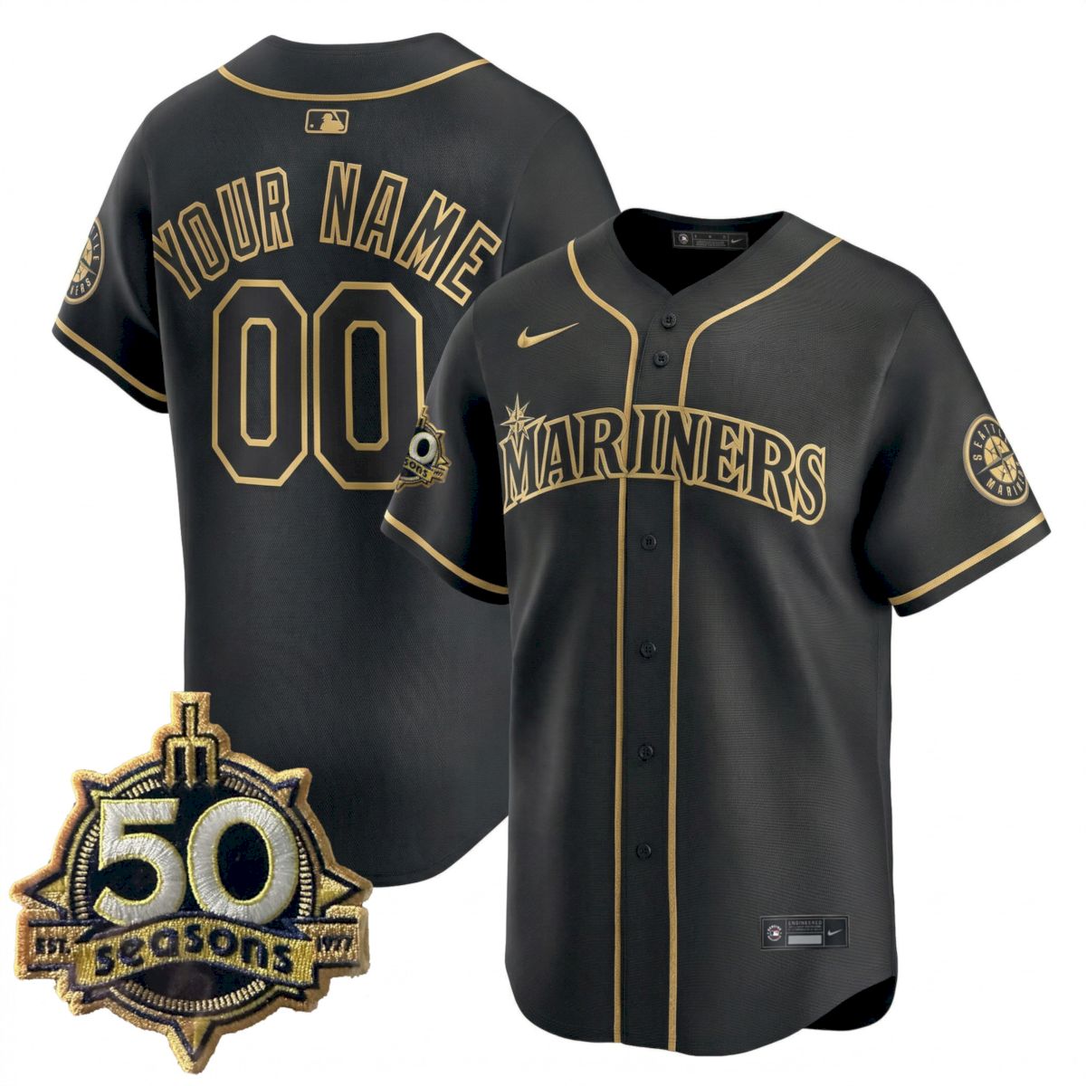 Custom Seattle Mariners 50th Season Black Gold Limited Jersey - All Stitched