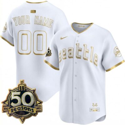 Custom Seattle Mariners 50th Season City Connect Alternate White Gold Limited Jersey - All Stitched