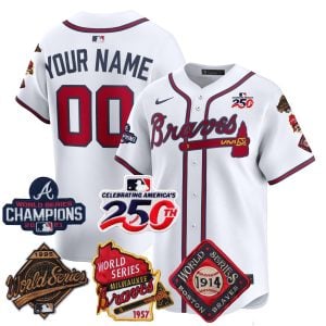 Custom Atlanta Braves 4x World Series 250th US Anniversary White Limited Jersey - All Stitched