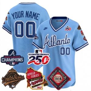 Custom Atlanta Braves 4x World Series 250th US Anniversary Blue Throwback Limited Jersey - All Stitched